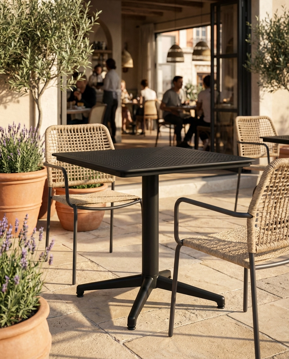 Firefly_Gemini Flash_Ein moderner schwarzer Outdoor-Bistrotisch steht auf einer sonnigen Terrasse eines Re 848885