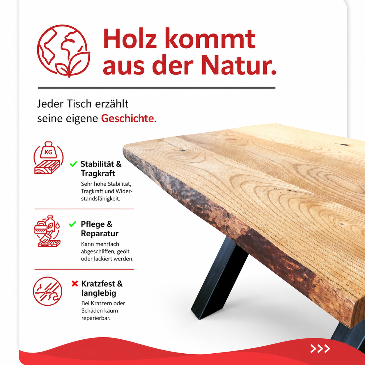Tischkombination Massiv-Esche 50mm mit Baumkante Flach 04040