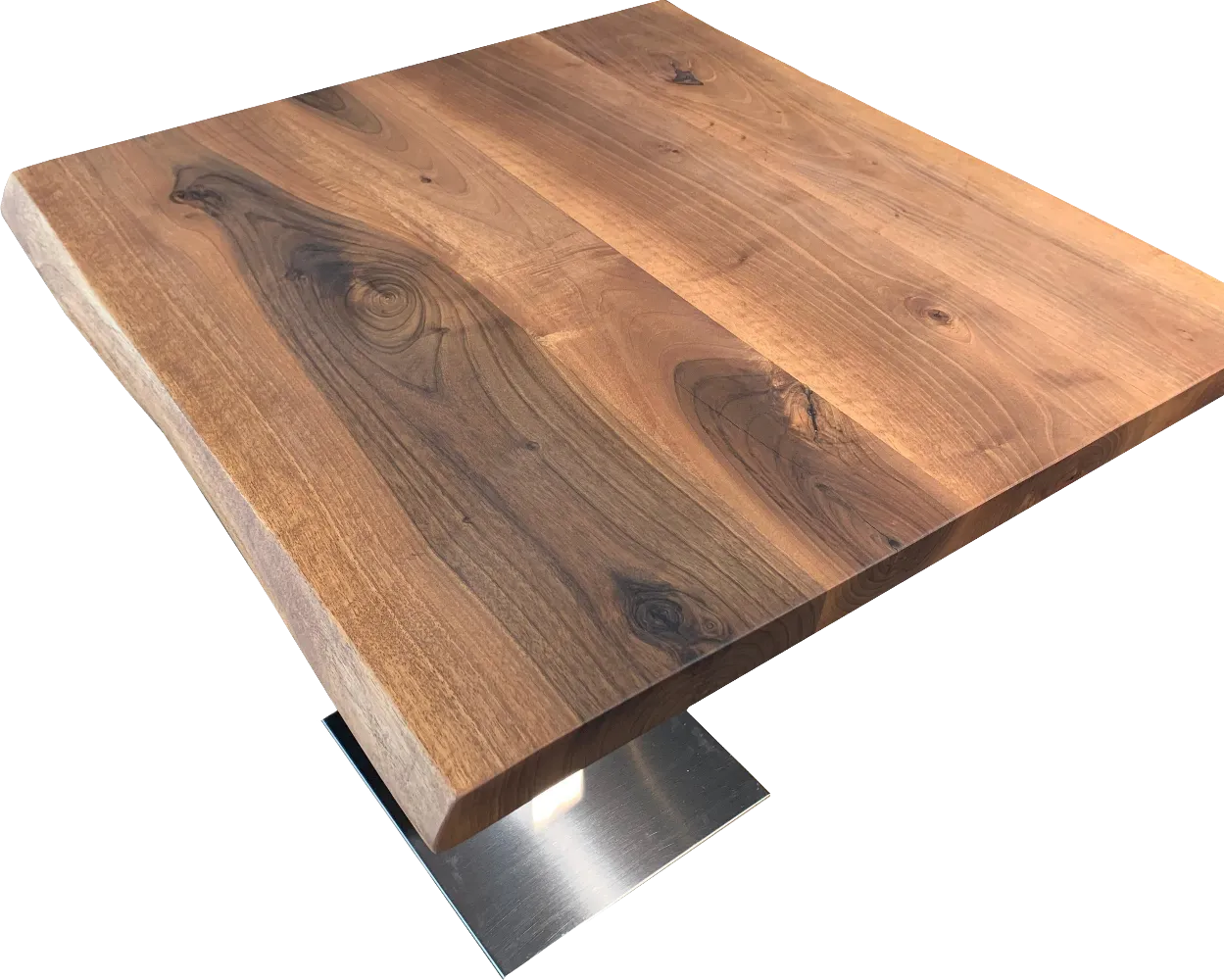 Tischkombination "Walnuss" Massivholz 75x75cm mit Edelstahl Fuß