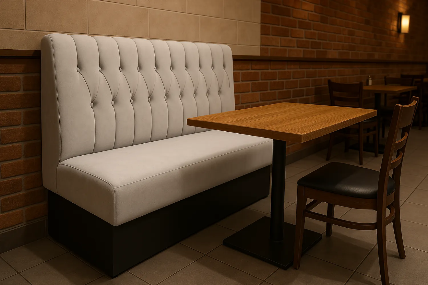 Eine beige Polsterbank steht an einer Klinkerwand. Davor ein bruaner Holztisch plus Stuhl.
